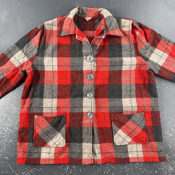 VTG Vic Gene Wool Flannel Shirt Women XL Red Black Plaid Midweight Button Up 60s - Picture 4 of 8